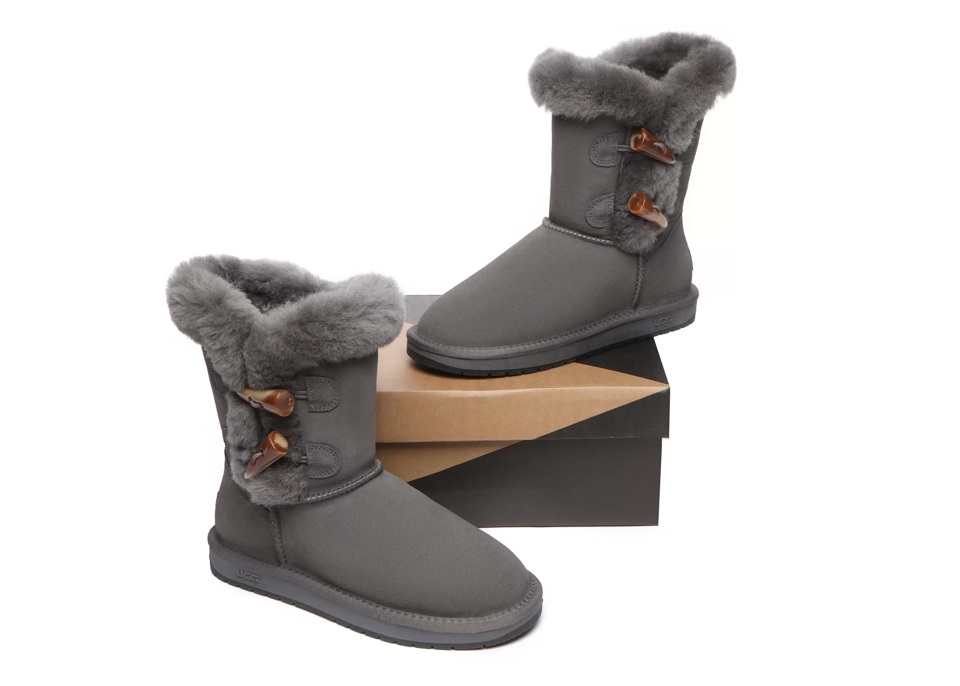 UGG Australian Shepherd Women Short Boots Talia Twin Face Sheepskin Double Horn Toggle Closure