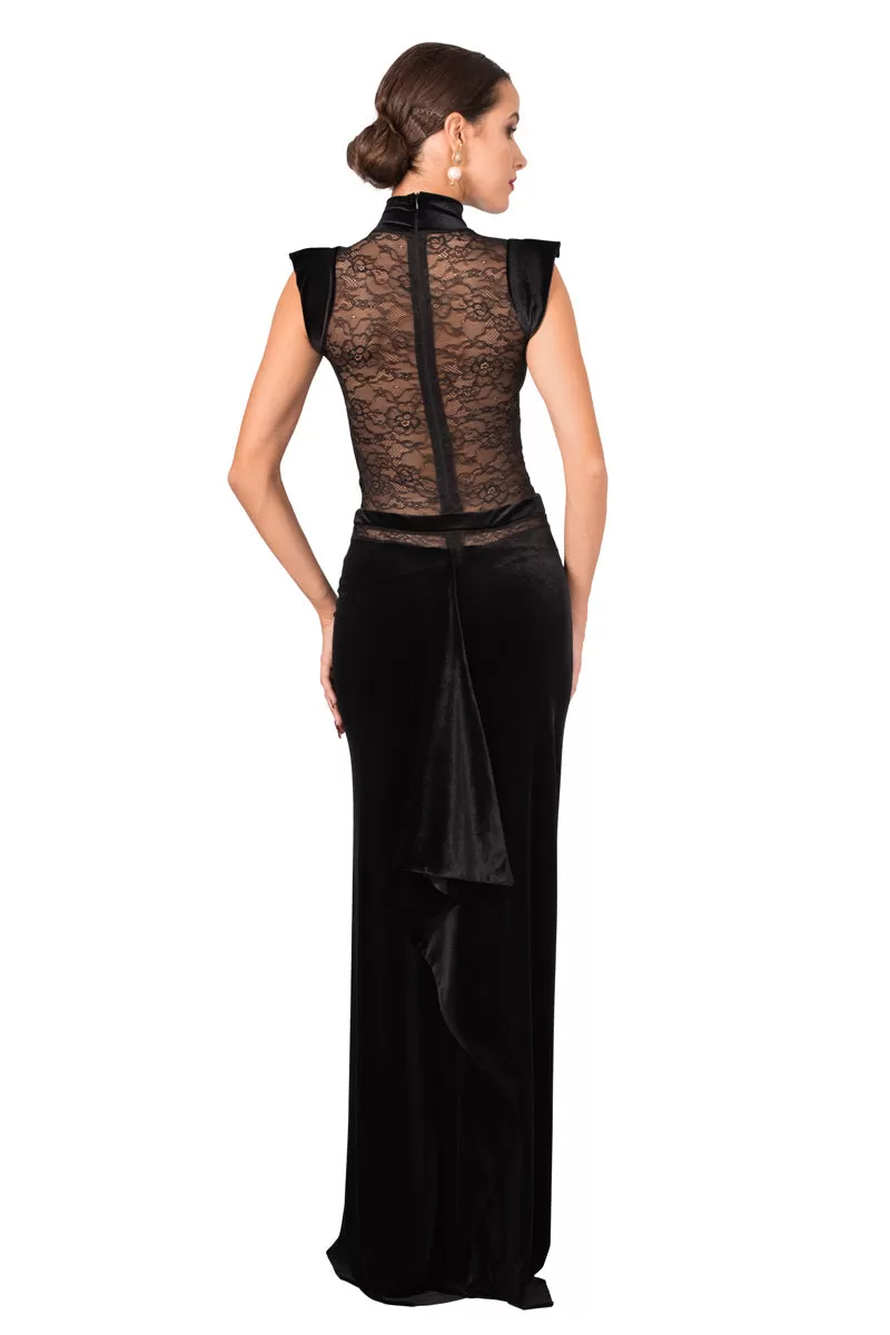 Velvet Floor-length Gown With Lace Top