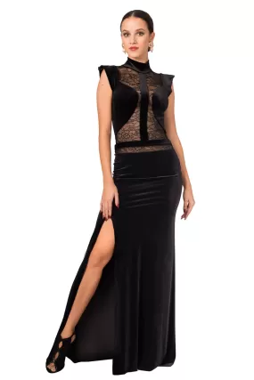 Velvet Floor-length Gown With Lace Top