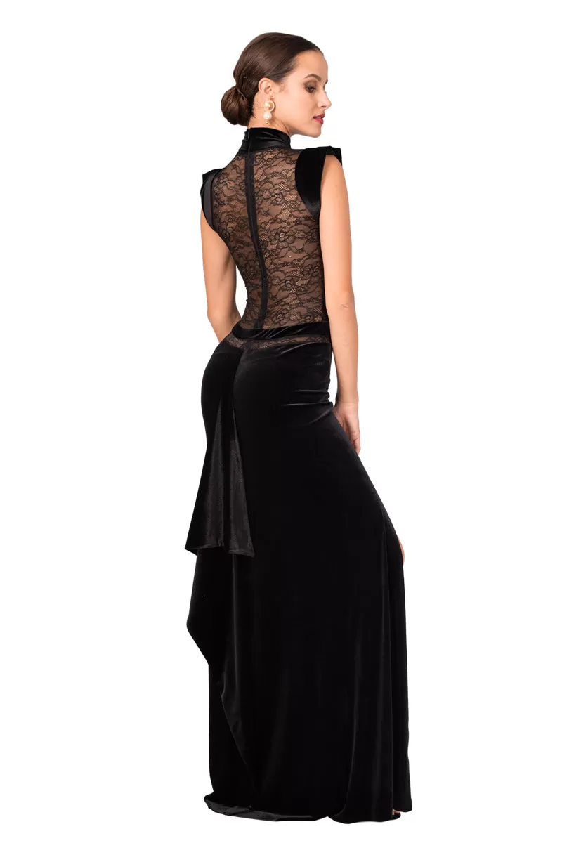 Velvet Floor-length Gown With Lace Top