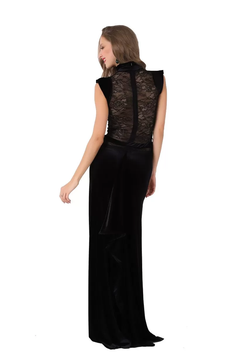 Velvet Floor-length Gown With Lace Top