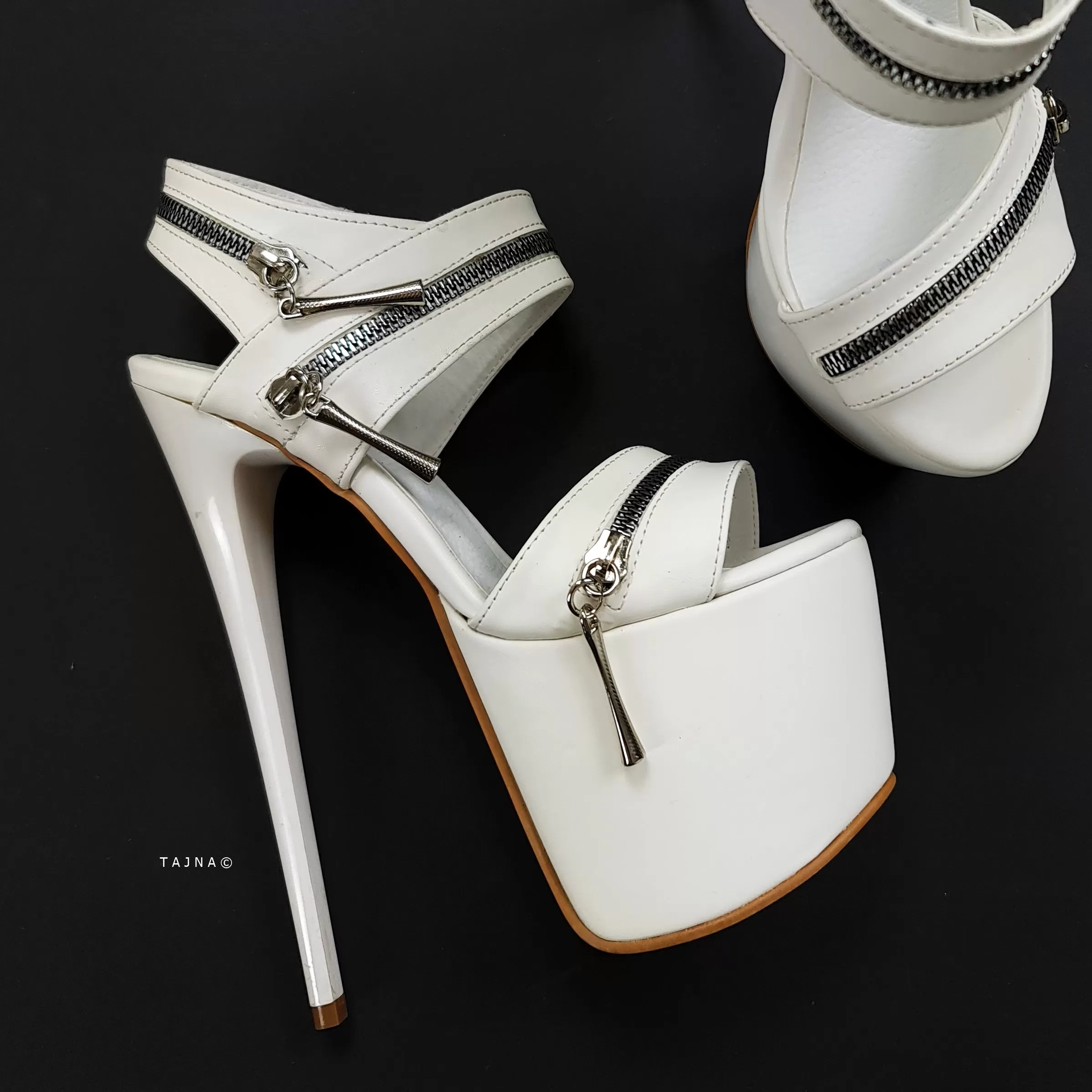 White Matte Zip Detail High Heel Sandals