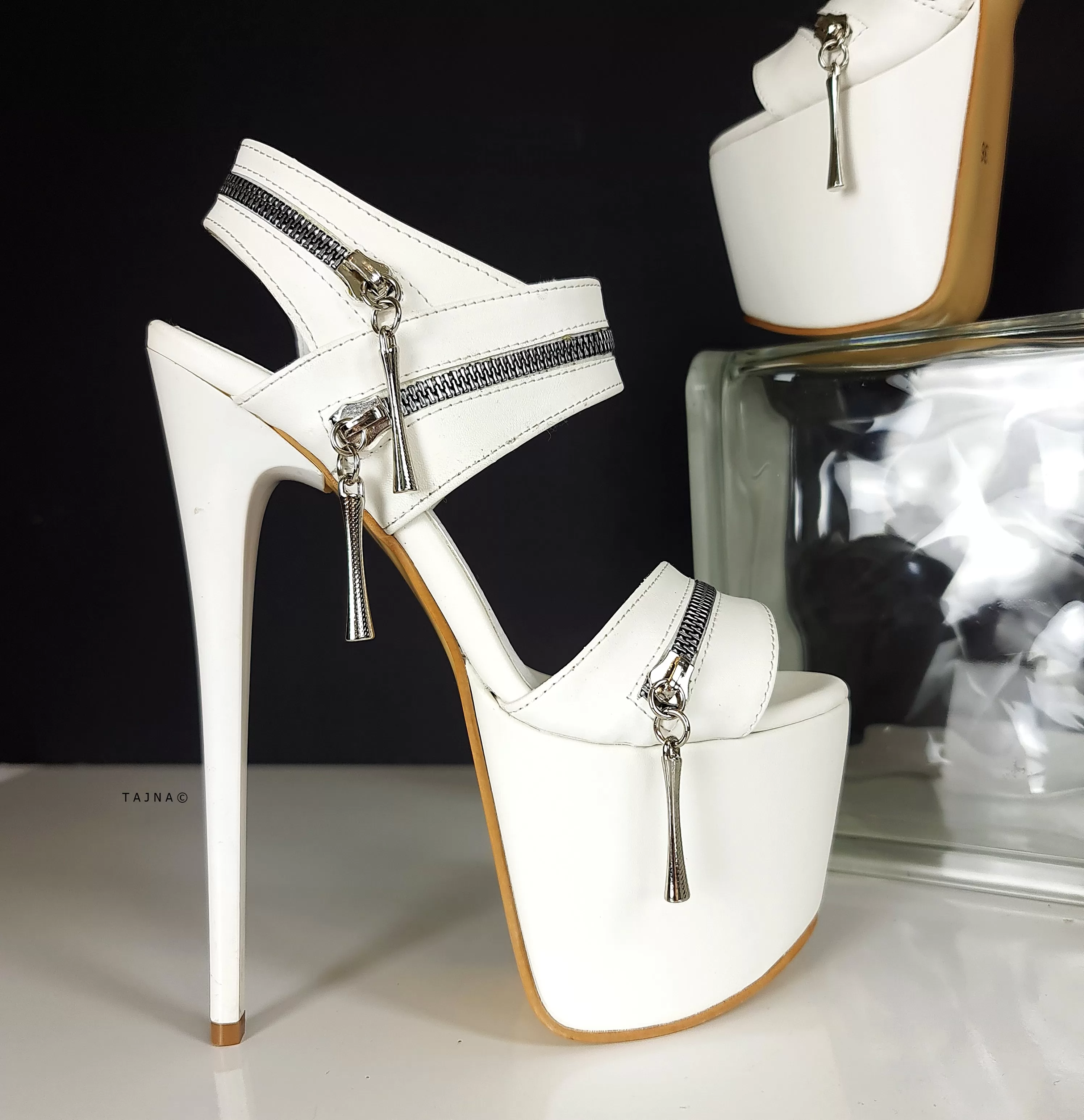 White Matte Zip Detail High Heel Sandals